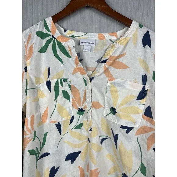 Liz Claiborne Linen Blend Tunic TopSplit Neck Colorful Floral Roll Tab Sleeves L - Picture 4 of 10